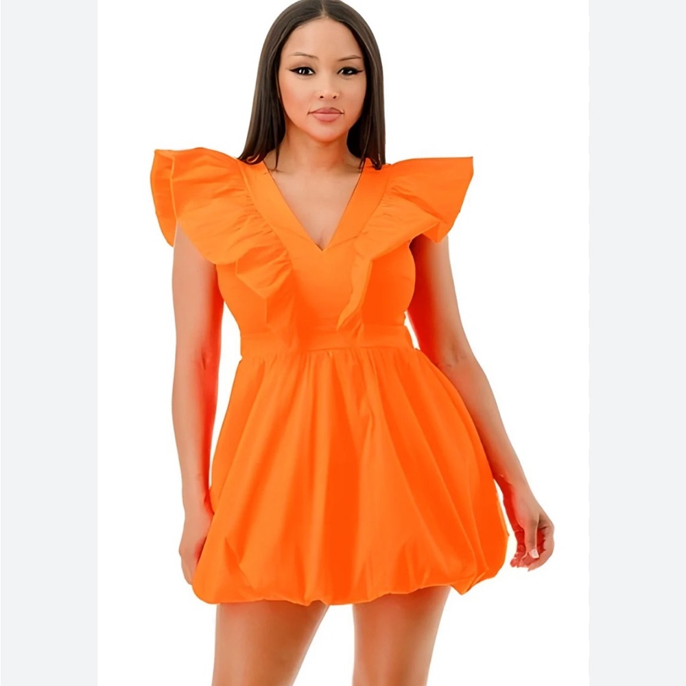 Pants Store Orange Ruffle V Bubble Dress in Size Medium